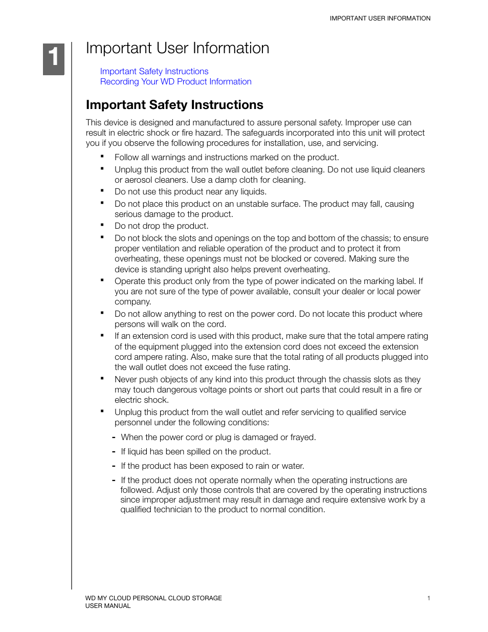 Important user information, Important safety instructions | Western Digital My Cloud User Manual User Manual | Page 6 / 126