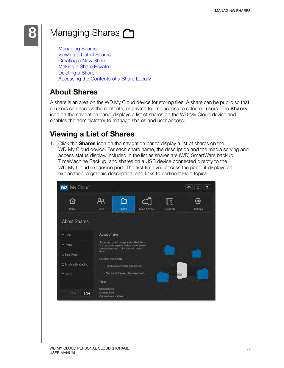 Managing shares, About shares, Viewing a list of shares | Western Digital My Cloud User Manual User Manual | Page 60 / 126