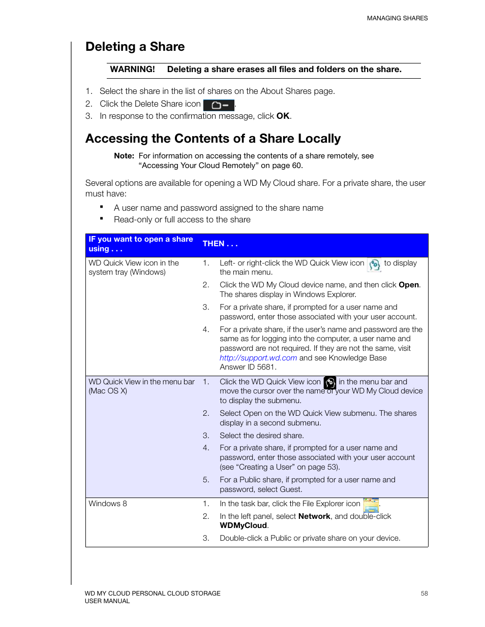 Deleting a share, Accessing the contents of a share locally | Western Digital My Cloud User Manual User Manual | Page 63 / 126