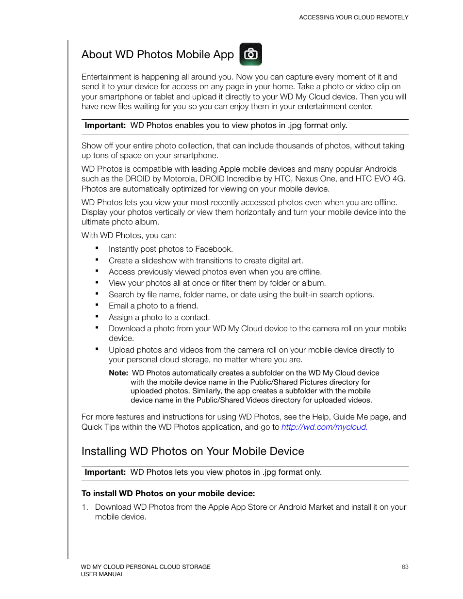 About wd photos mobile app, Installing wd photos on your mobile device | Western Digital My Cloud User Manual User Manual | Page 68 / 126