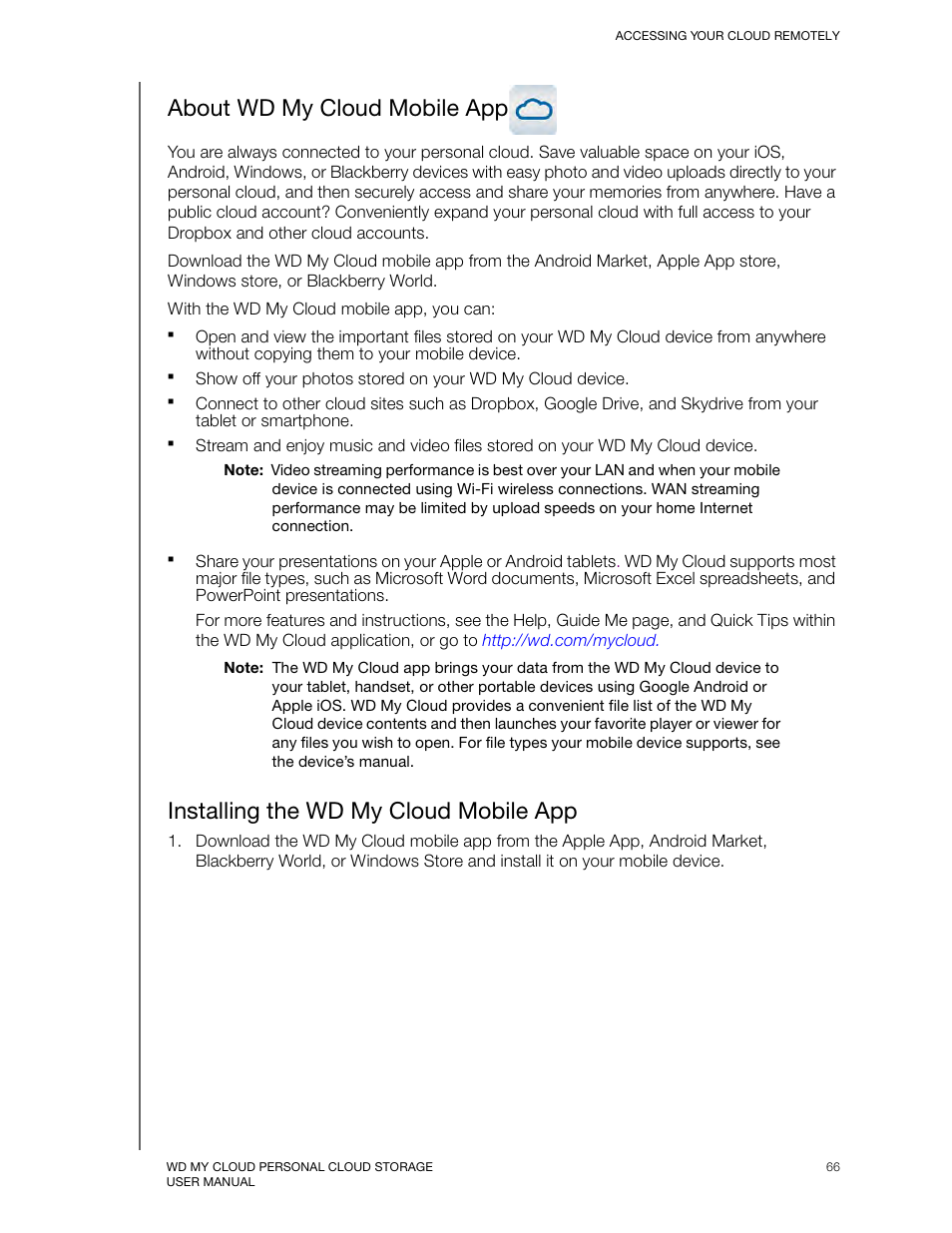 About wd my cloud mobile app, Installing the wd my cloud mobile app | Western Digital My Cloud User Manual User Manual | Page 71 / 126