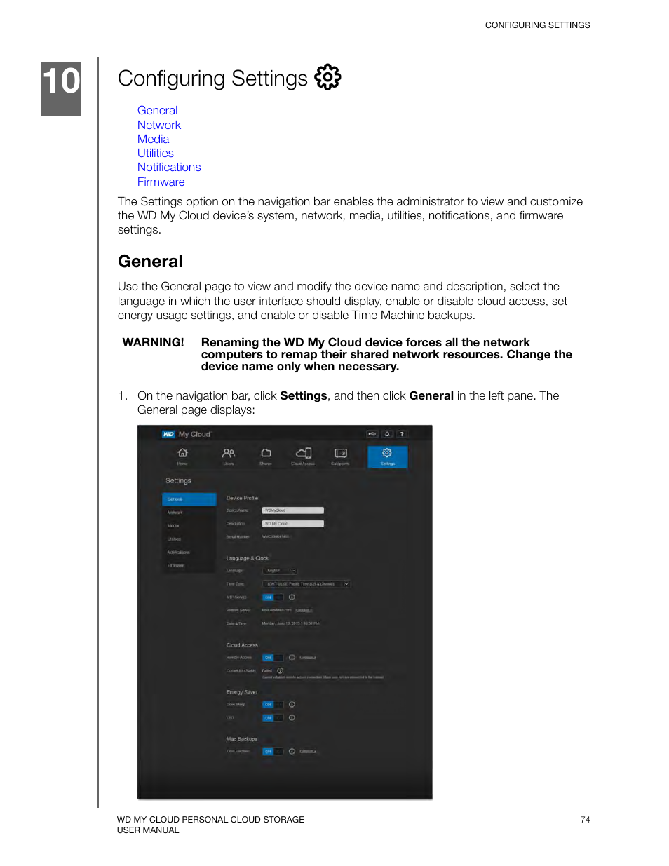 Configuring settings, General | Western Digital My Cloud User Manual User Manual | Page 79 / 126