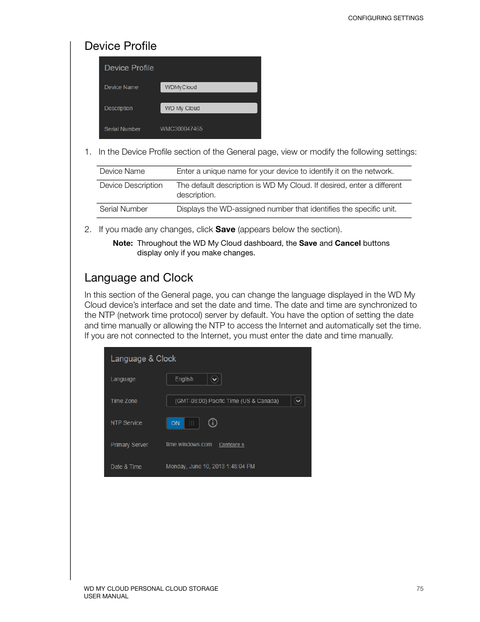 Device profile, Language and clock | Western Digital My Cloud User Manual User Manual | Page 80 / 126