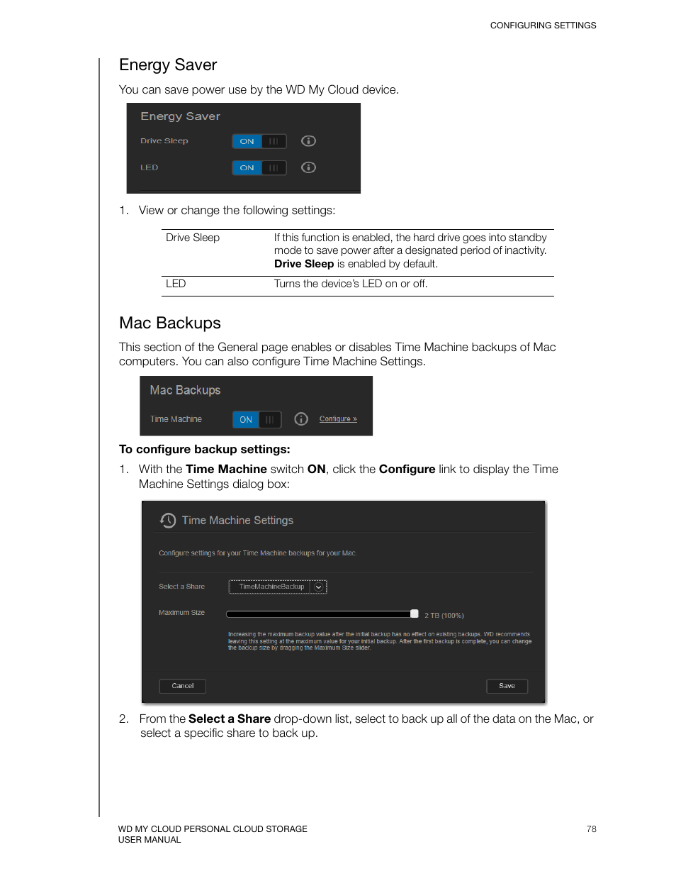 Energy saver, Mac backups | Western Digital My Cloud User Manual User Manual | Page 83 / 126