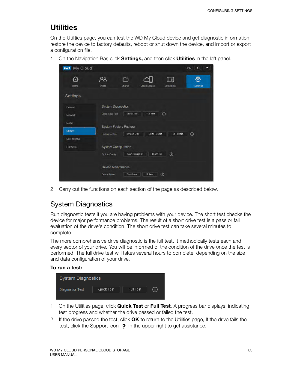 Utilities, System diagnostics | Western Digital My Cloud User Manual User Manual | Page 88 / 126