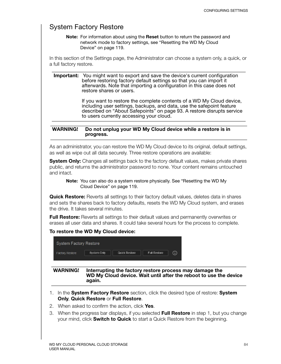 System factory restore | Western Digital My Cloud User Manual User Manual | Page 89 / 126