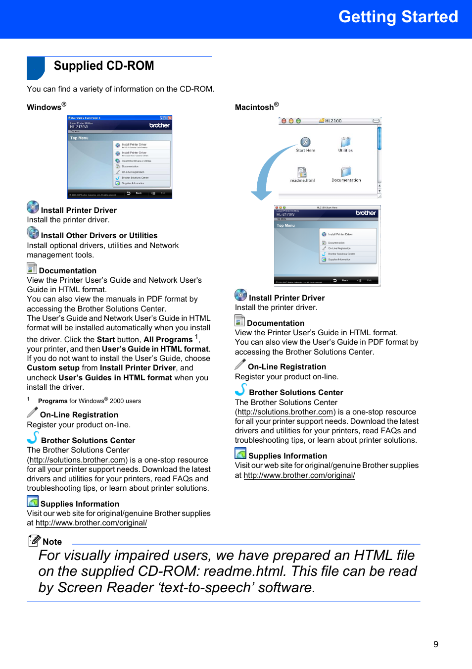 Supplied cd-rom, Windows, Macintosh | Getting started | Brother HL-2170W User Manual | Page 11 / 52