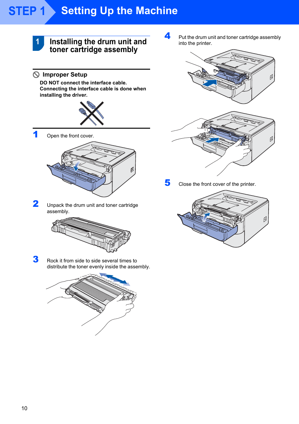 Step 1 - setting up the machine, Step 1— setting up the machine, Step 1 | Setting up the machine | Brother HL-2170W User Manual | Page 12 / 52
