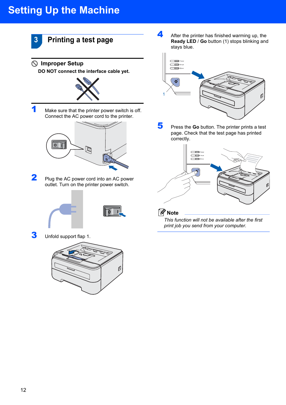Setting up the machine, 3printing a test page, Improper setup | Brother HL-2170W User Manual | Page 14 / 52