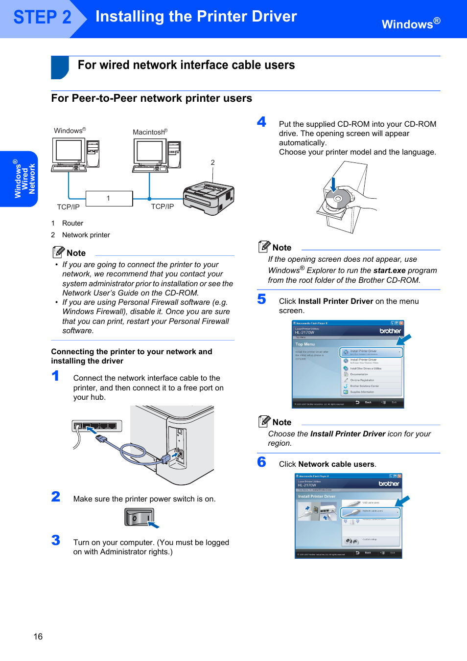 For wired network interface cable users, For peer-to-peer network printer users, Step 2 | Installing the printer driver, Windows | Brother HL-2170W User Manual | Page 18 / 52