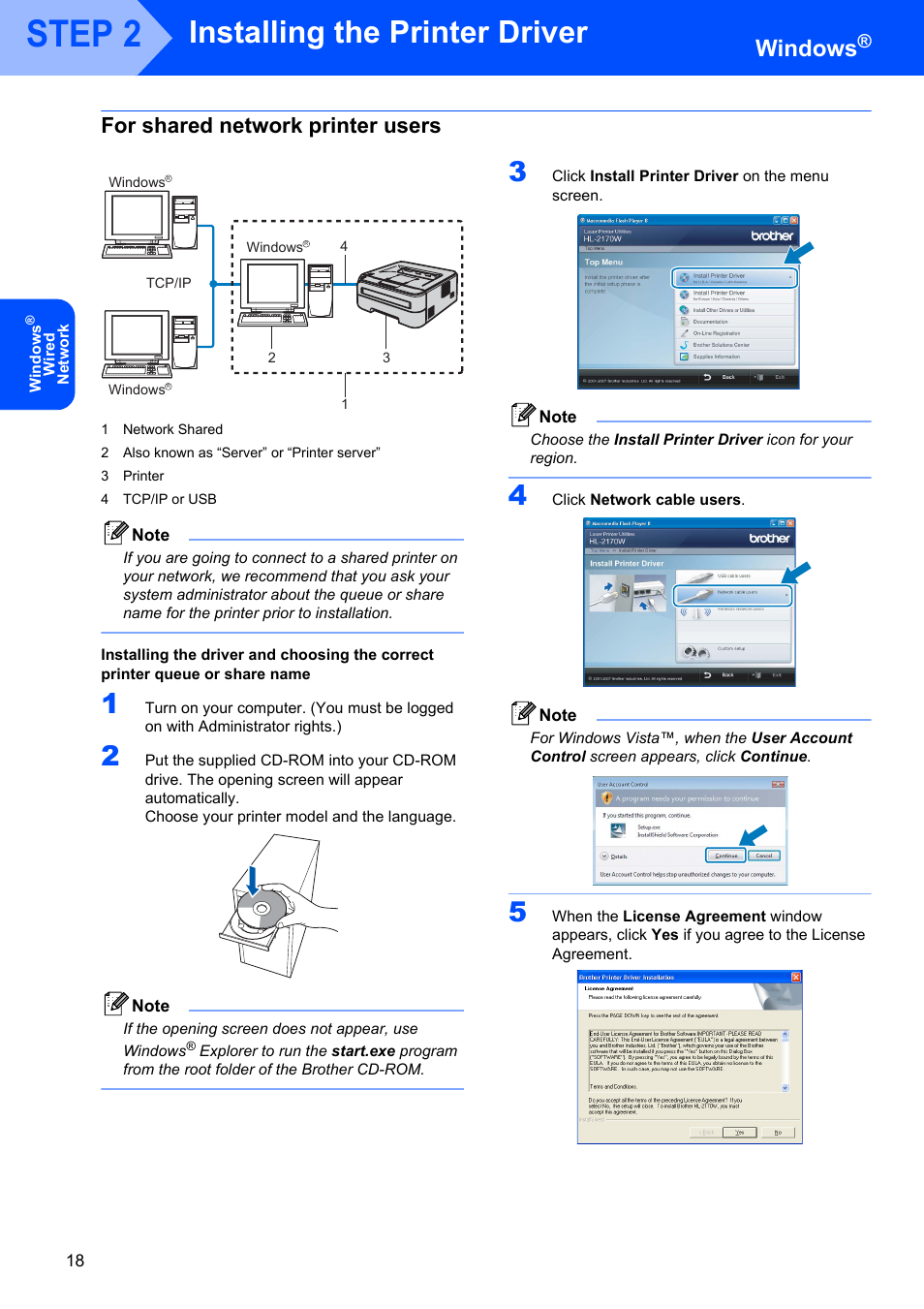 For shared network printer users, Step 2, Installing the printer driver | Windows | Brother HL-2170W User Manual | Page 20 / 52