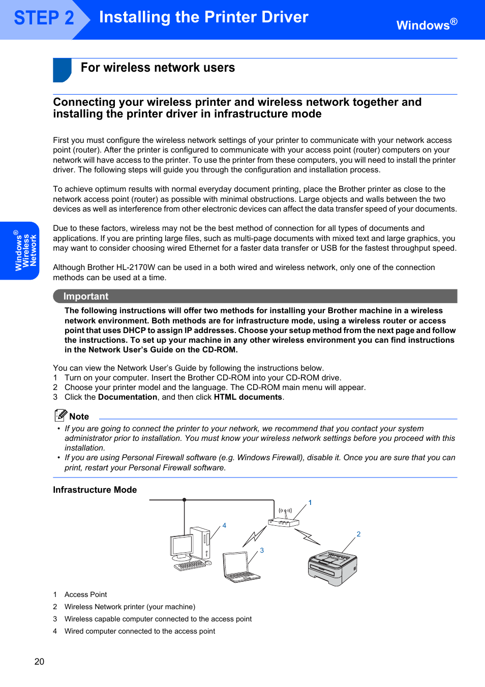 For wireless network users, Infrastructure mode, Step 2 | Installing the printer driver, Windows, Important | Brother HL-2170W User Manual | Page 22 / 52