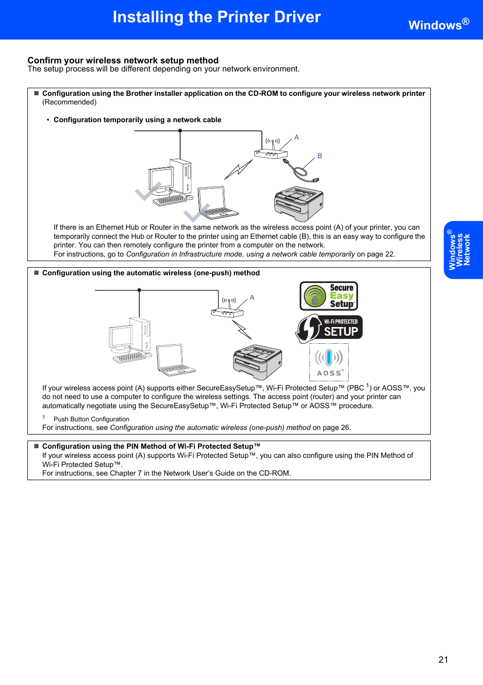 Confirm your wireless network setup method, Installing the printer driver, Windows | Brother HL-2170W User Manual | Page 23 / 52