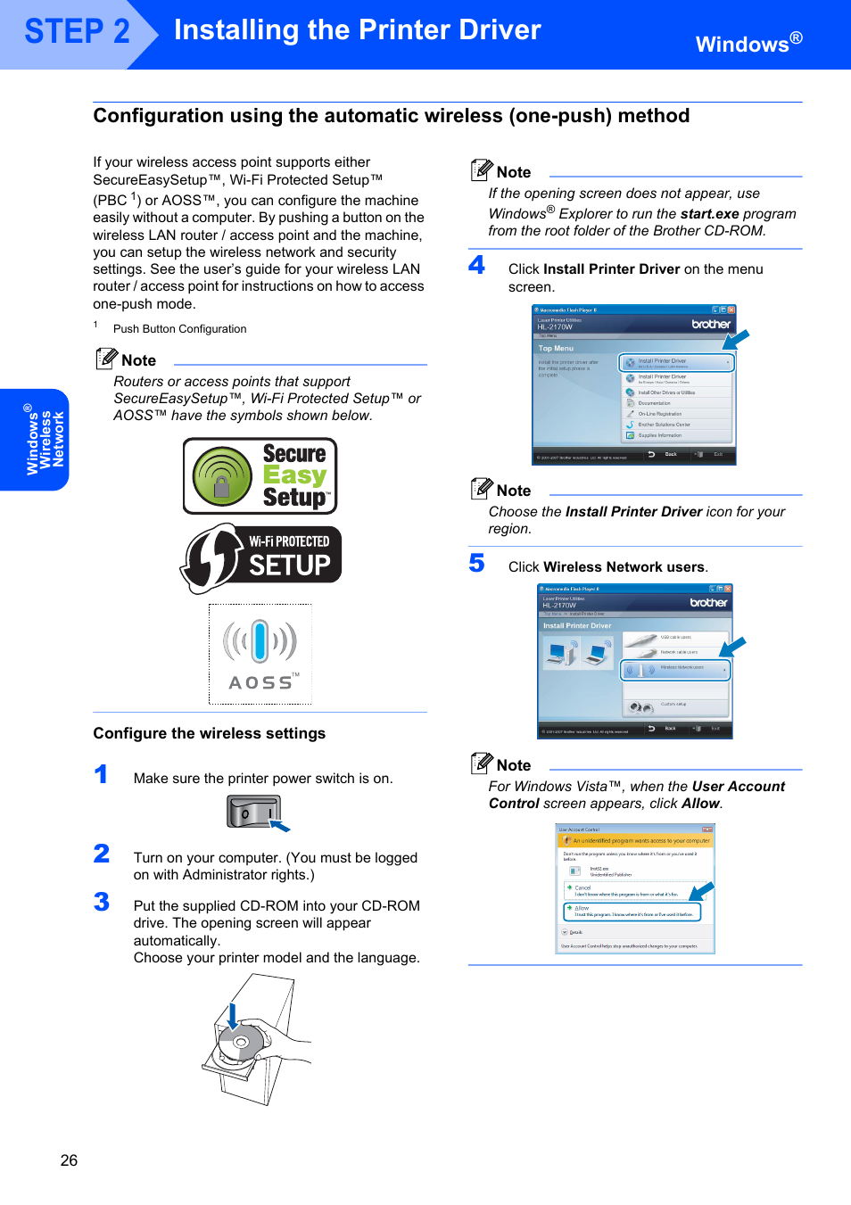 Configure the wireless settings, Step 2, Installing the printer driver | Windows | Brother HL-2170W User Manual | Page 28 / 52