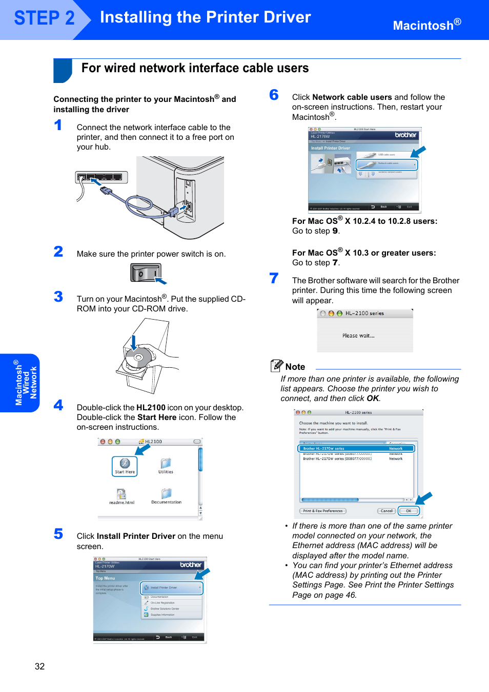 For wired network interface cable users, Step 2, Installing the printer driver | Macintosh | Brother HL-2170W User Manual | Page 34 / 52