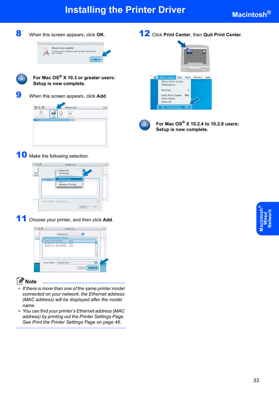 Installing the printer driver, Macintosh | Brother HL-2170W User Manual | Page 35 / 52