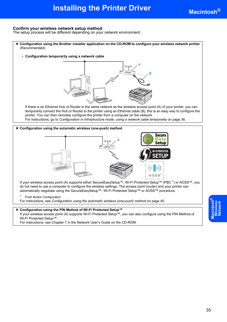 Confirm your wireless network setup method, Installing the printer driver, Macintosh | Brother HL-2170W User Manual | Page 37 / 52