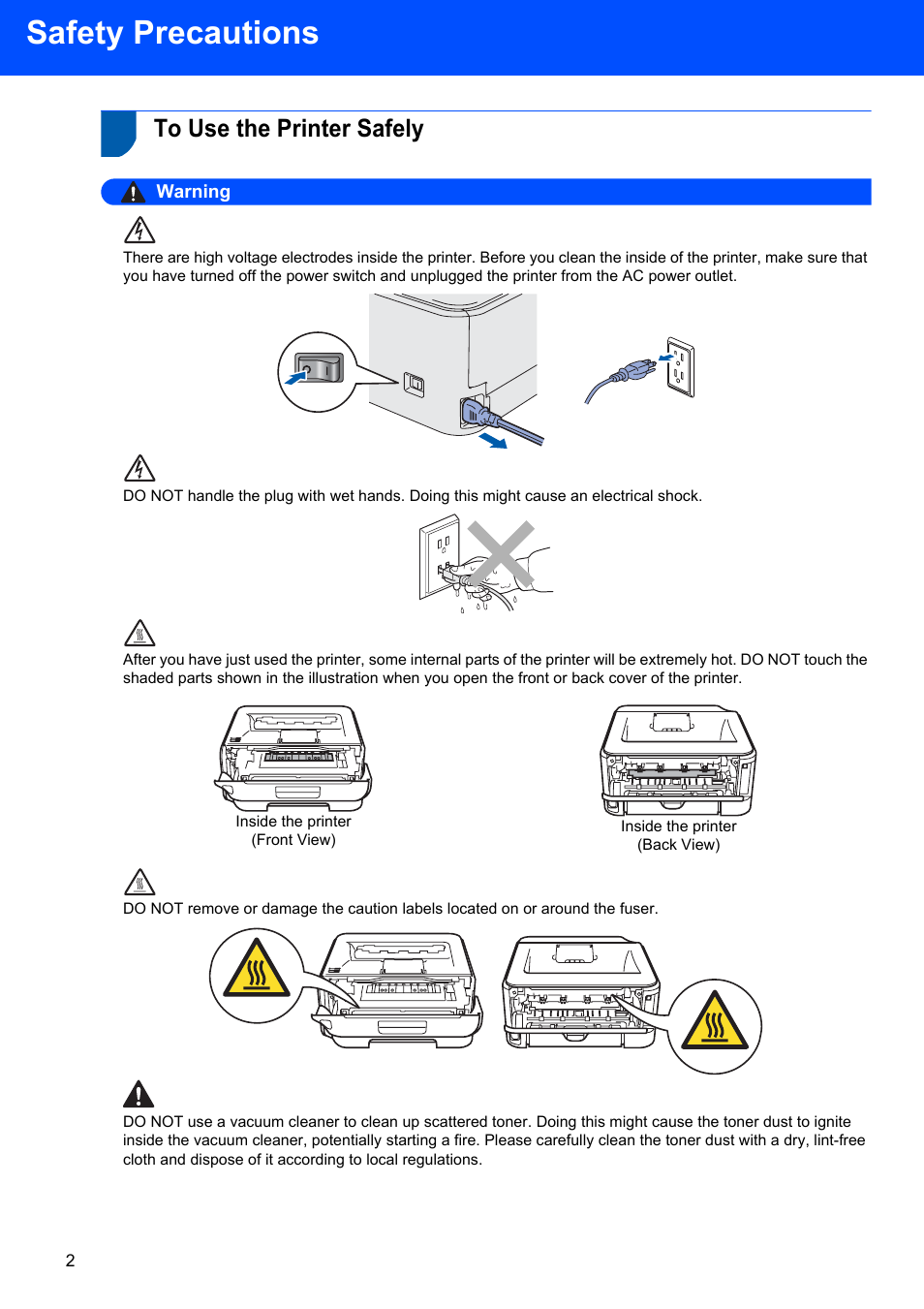 Safety precautions, To use the printer safely, Warning | Brother HL-2170W User Manual | Page 4 / 52