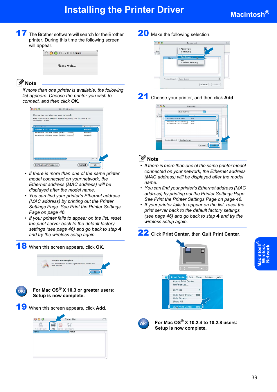 Installing the printer driver, Macintosh | Brother HL-2170W User Manual | Page 41 / 52