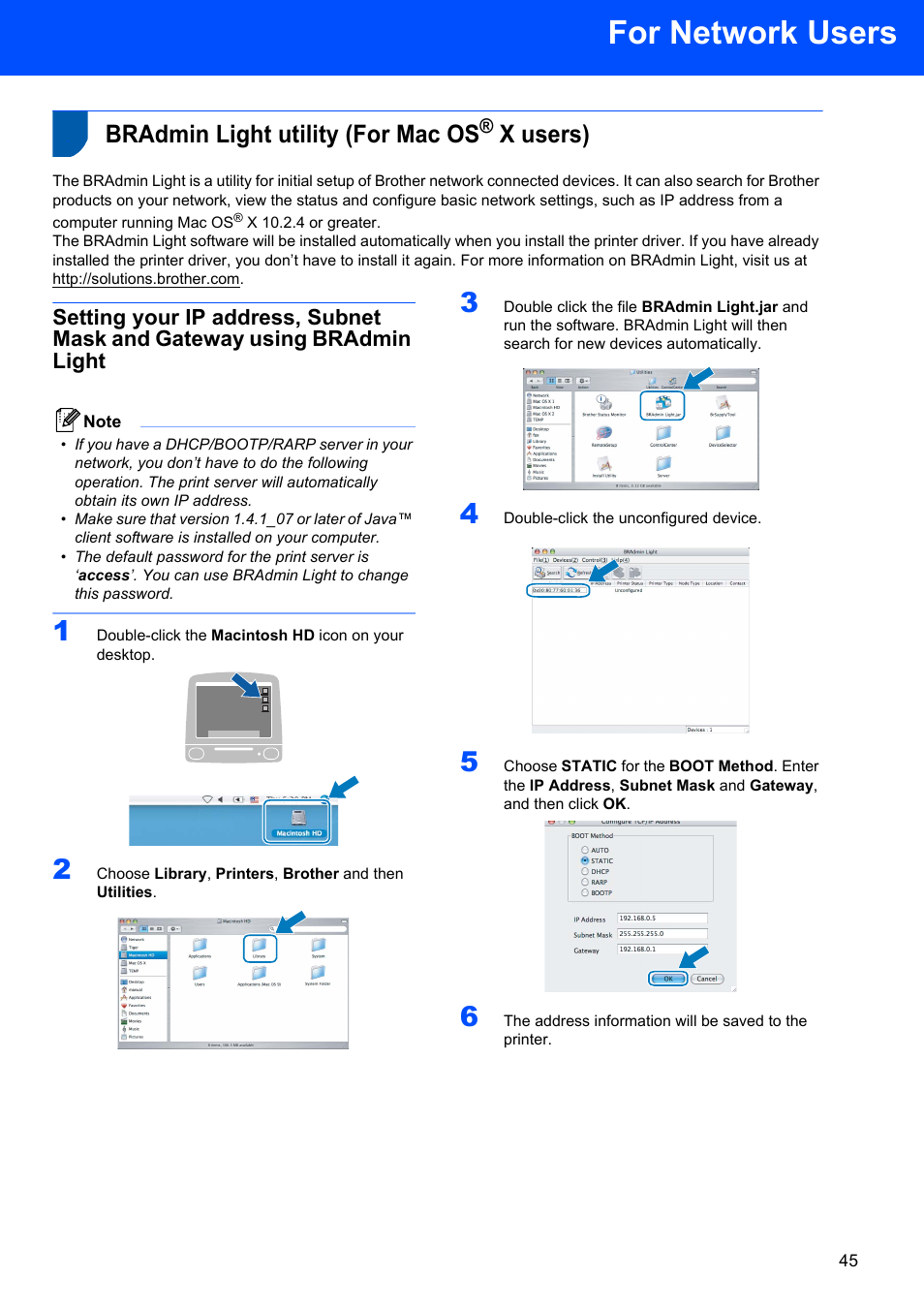 Bradmin light utility (for mac os® x users), Bradmin light utility (for mac os, For network users | X users) | Brother HL-2170W User Manual | Page 47 / 52