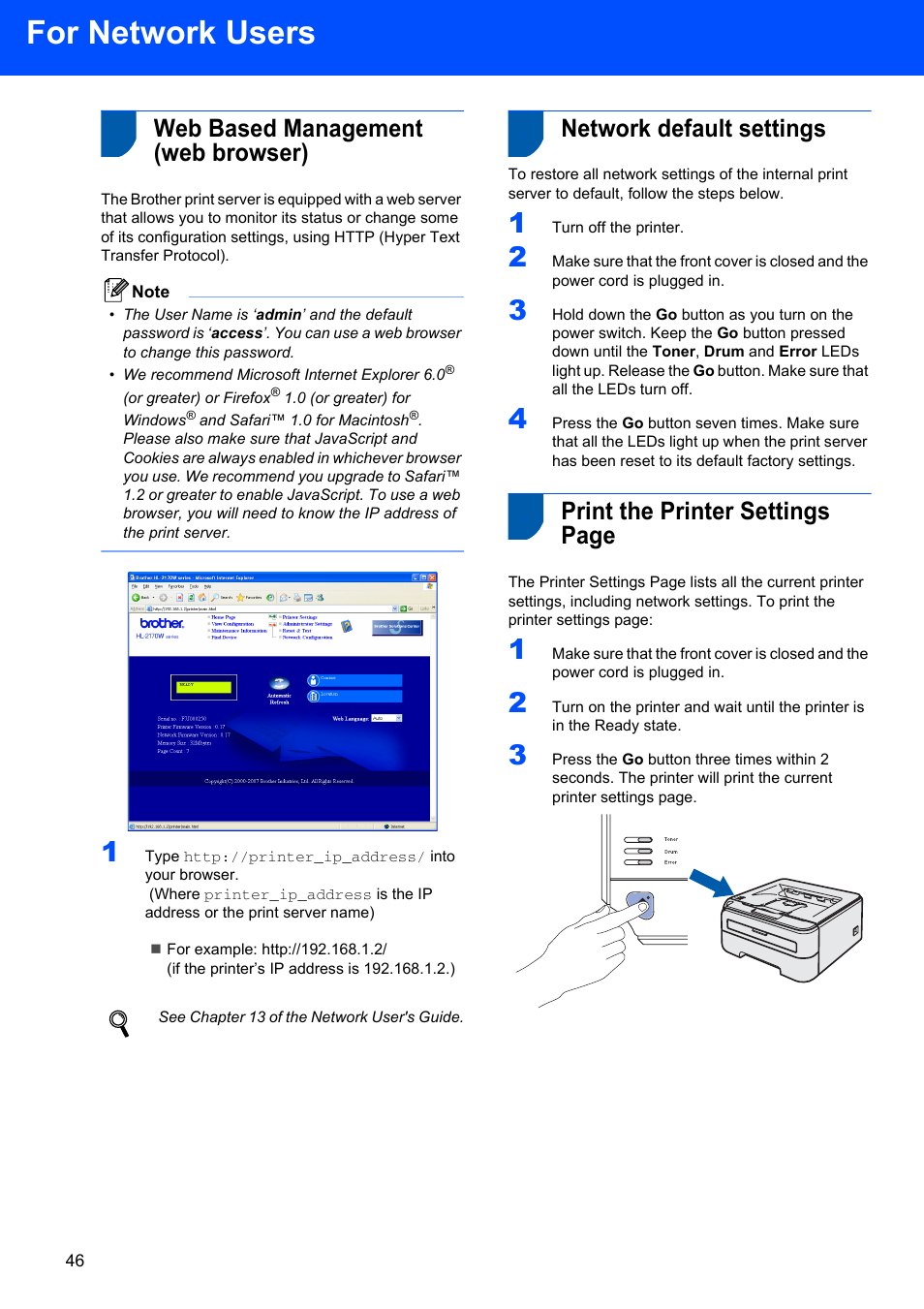 Web based management (web browser), Network default settings, For network users | Print the printer settings page | Brother HL-2170W User Manual | Page 48 / 52