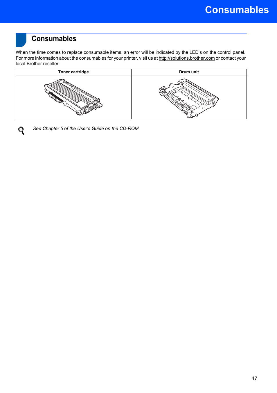 Consumables, See chapter 5 of the user's guide on the cd-rom | Brother HL-2170W User Manual | Page 49 / 52