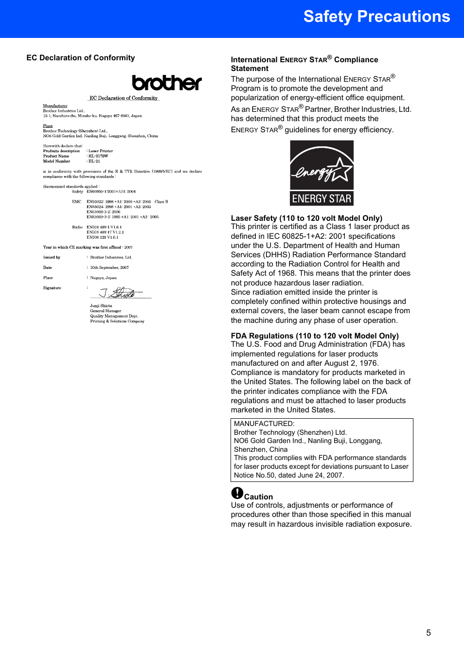 Ec declaration of conformity, International energy star® compliance statement, Laser safety (110 to 120 volt model only) | Fda regulations (110 to 120 volt model only), Caution, Safety precautions | Brother HL-2170W User Manual | Page 7 / 52