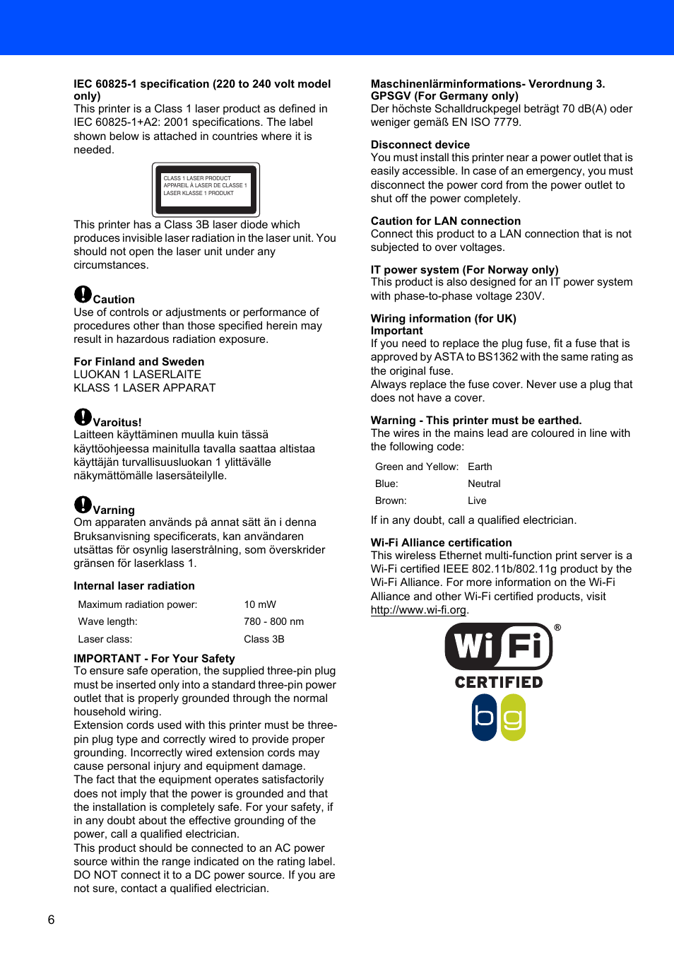 Caution, For finland and sweden, Varoitus | Varning, Internal laser radiation, Important - for your safety, Disconnect device, Caution for lan connection, It power system (for norway only), Wiring information (for uk) important | Brother HL-2170W User Manual | Page 8 / 52