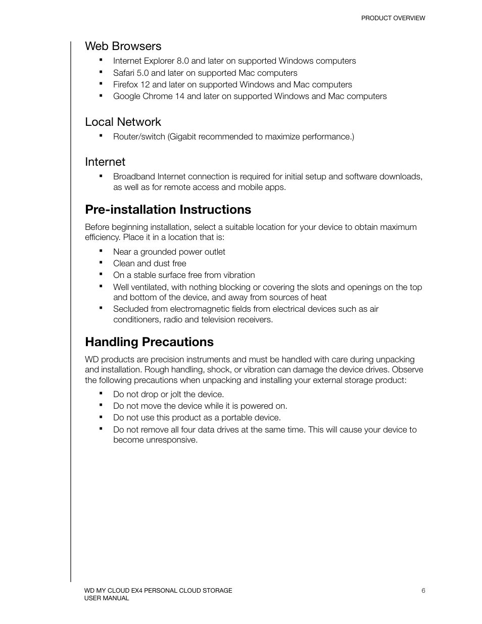 Web browsers, Local network, Internet | Pre-installation instructions, Handling precautions, Pre-installation instructions handling precautions | Western Digital My Cloud EX4 User Manual User Manual | Page 11 / 170