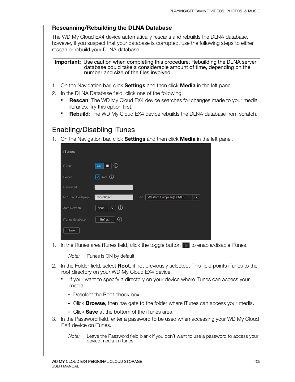 Enabling/disabling itunes | Western Digital My Cloud EX4 User Manual User Manual | Page 110 / 170