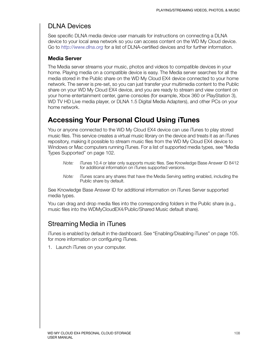 Dlna devices, Accessing your personal cloud using itunes, Streaming media in itunes | Western Digital My Cloud EX4 User Manual User Manual | Page 113 / 170