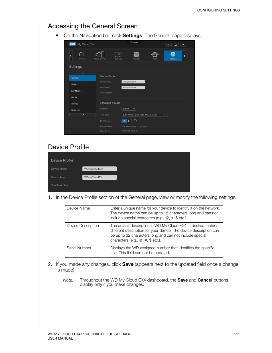 Accessing the general screen, Device profile | Western Digital My Cloud EX4 User Manual User Manual | Page 116 / 170