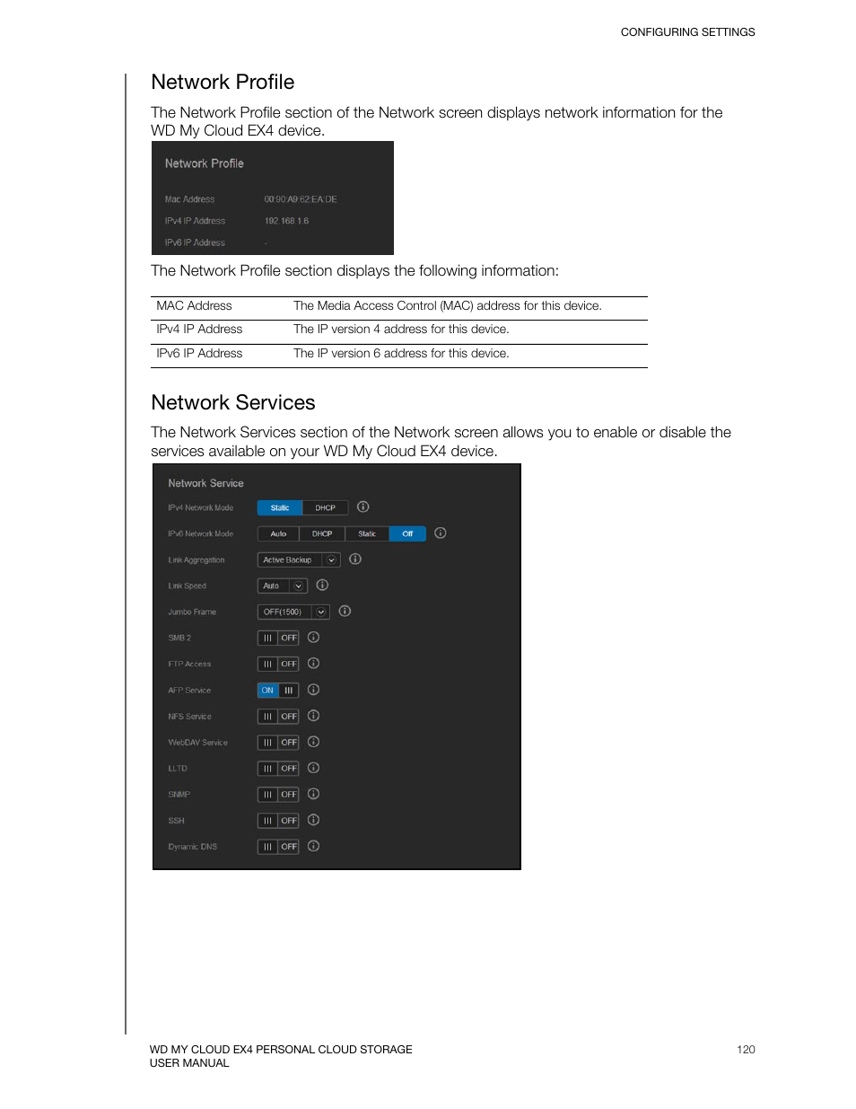 Network profile, Network services | Western Digital My Cloud EX4 User Manual User Manual | Page 125 / 170