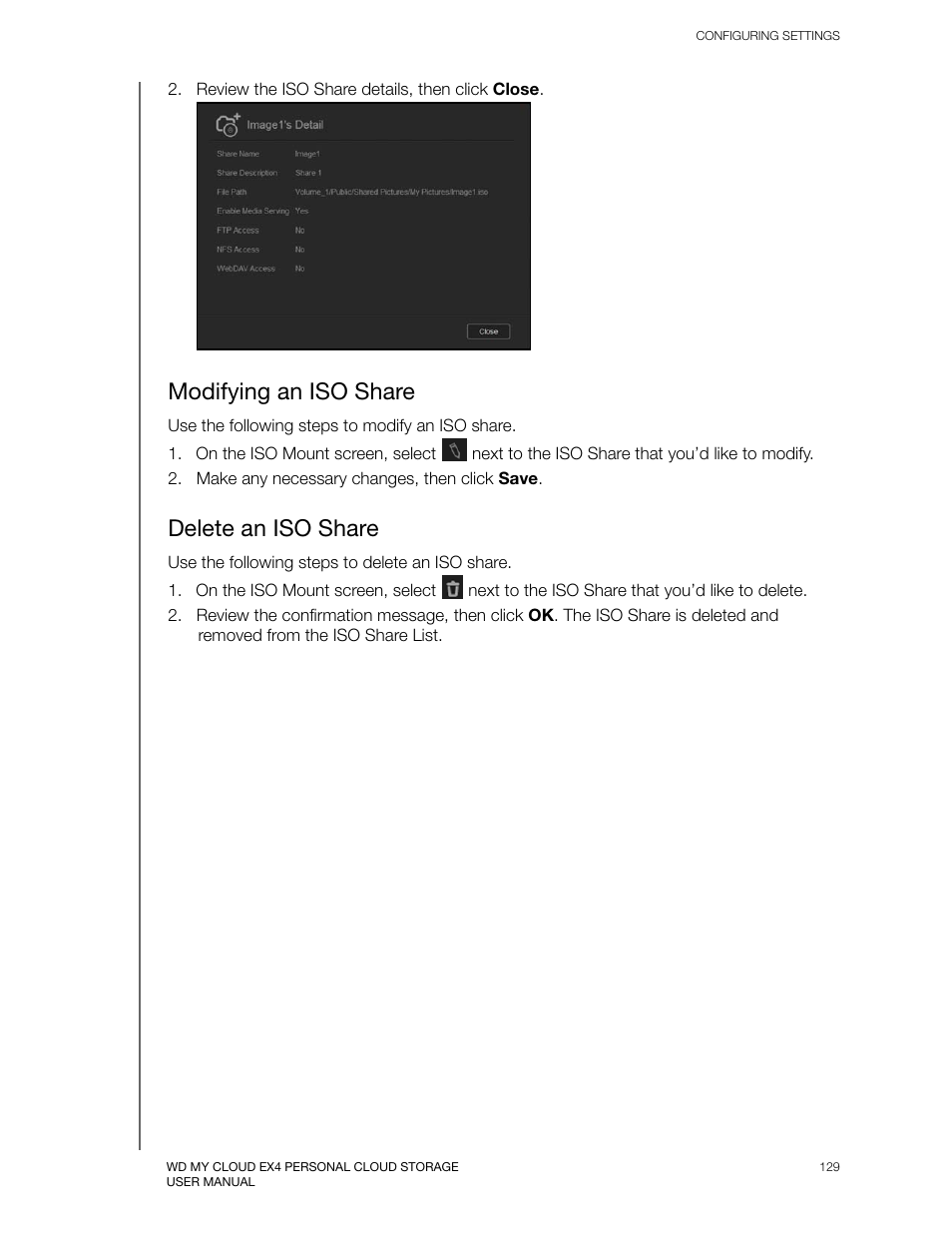 Modifying an iso share, Delete an iso share | Western Digital My Cloud EX4 User Manual User Manual | Page 134 / 170