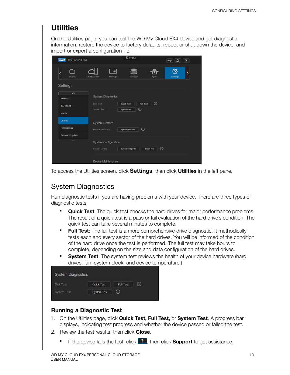 Utilities, System diagnostics | Western Digital My Cloud EX4 User Manual User Manual | Page 136 / 170
