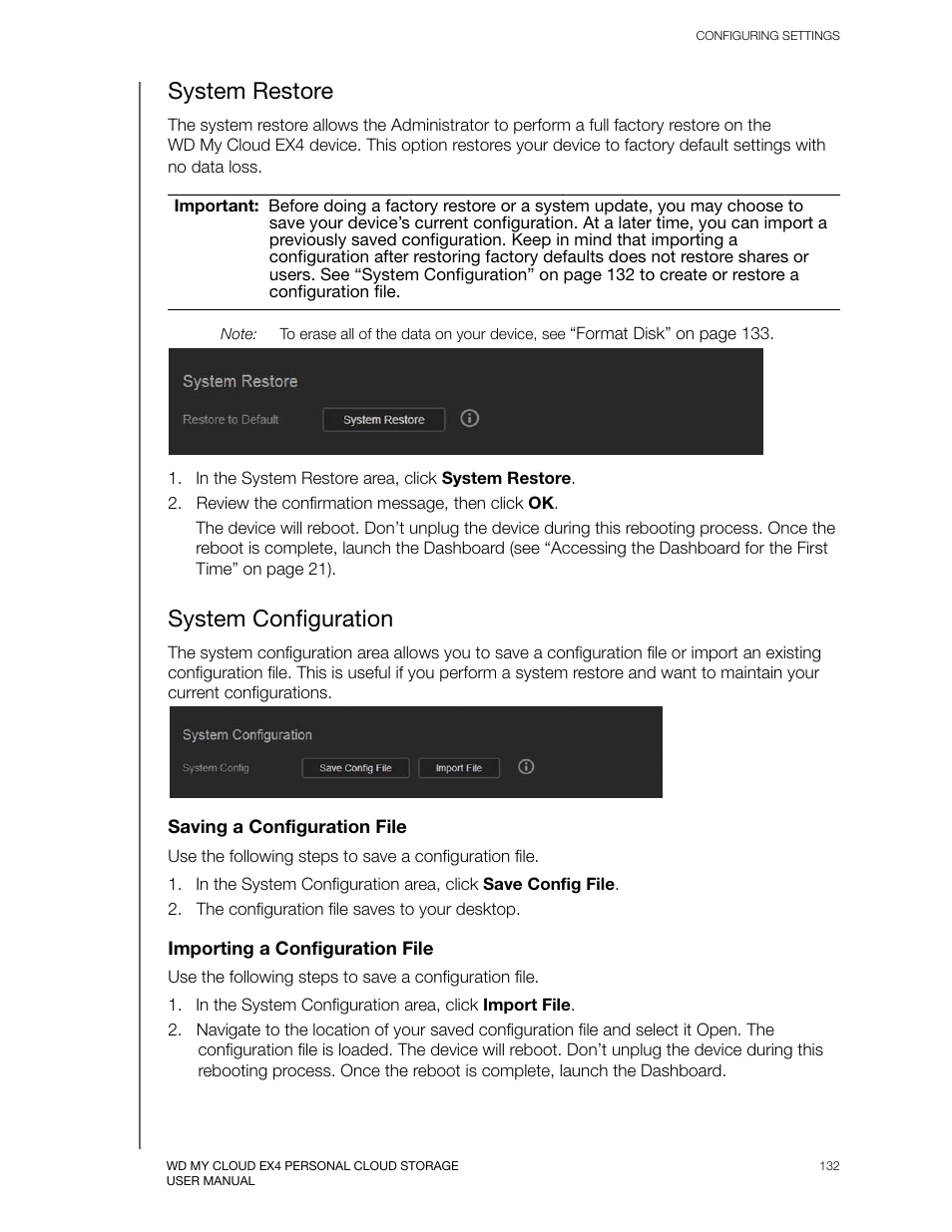 System restore, System configuration | Western Digital My Cloud EX4 User Manual User Manual | Page 137 / 170