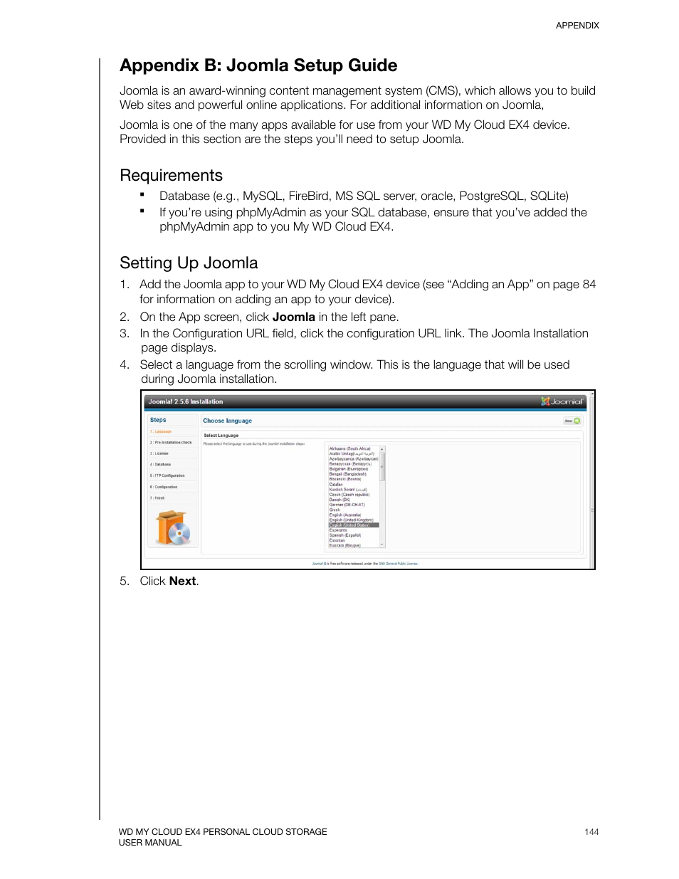 Appendix b: joomla setup guide, Requirements, Setting up joomla | Western Digital My Cloud EX4 User Manual User Manual | Page 149 / 170