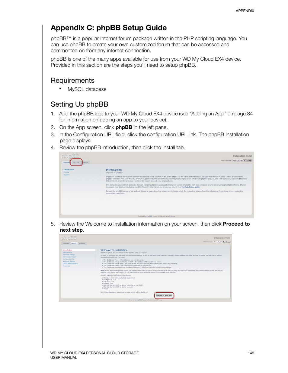 Appendix c: phpbb setup guide, Requirements, Setting up phpbb | Western Digital My Cloud EX4 User Manual User Manual | Page 153 / 170