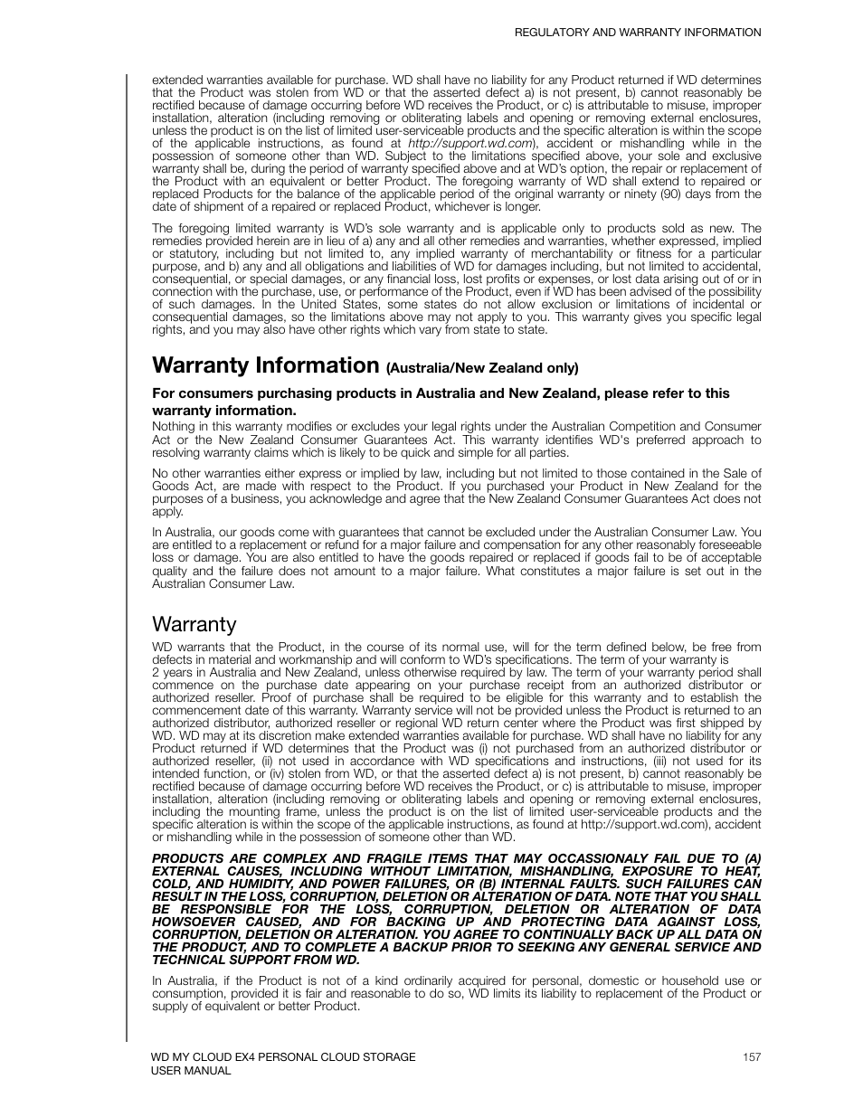 Warranty information (australia/new zealand only), Warranty, Warranty information | Western Digital My Cloud EX4 User Manual User Manual | Page 162 / 170