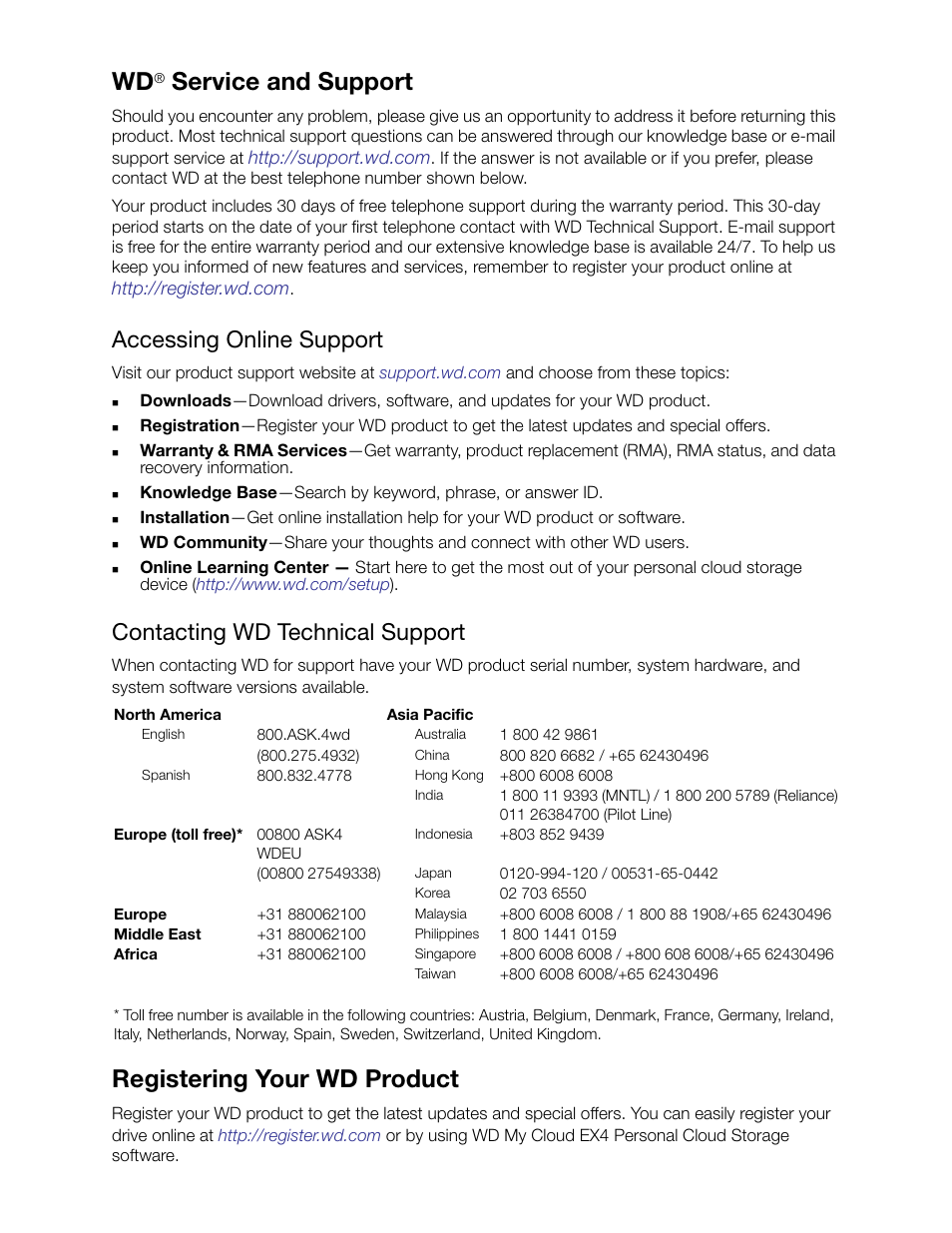 Wd® service and support, Accessing online support, Contacting wd technical support | Registering your wd product, Service and support | Western Digital My Cloud EX4 User Manual User Manual | Page 2 / 170