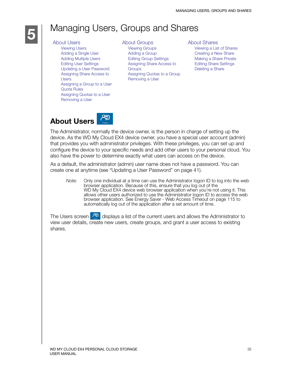 Managing users, groups and shares, About users | Western Digital My Cloud EX4 User Manual User Manual | Page 40 / 170