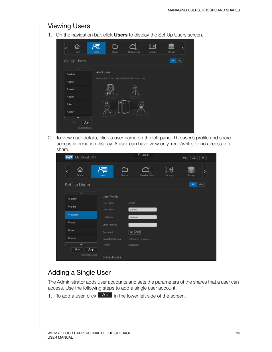 Viewing users, Adding a single user, Viewing users adding a single user | Western Digital My Cloud EX4 User Manual User Manual | Page 41 / 170