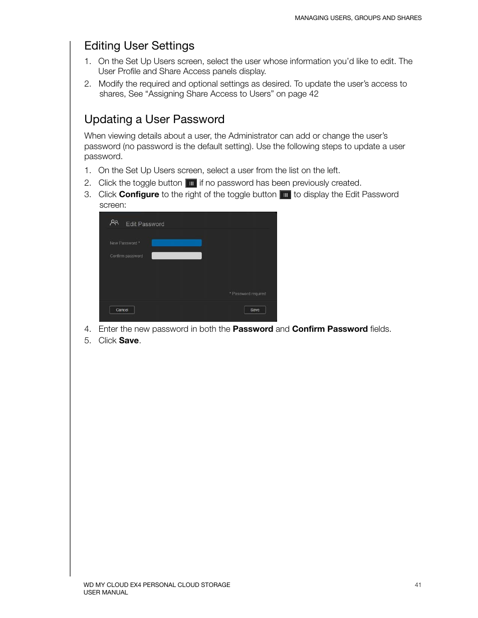 Editing user settings, Updating a user password, Editing user settings updating a user password | Western Digital My Cloud EX4 User Manual User Manual | Page 46 / 170