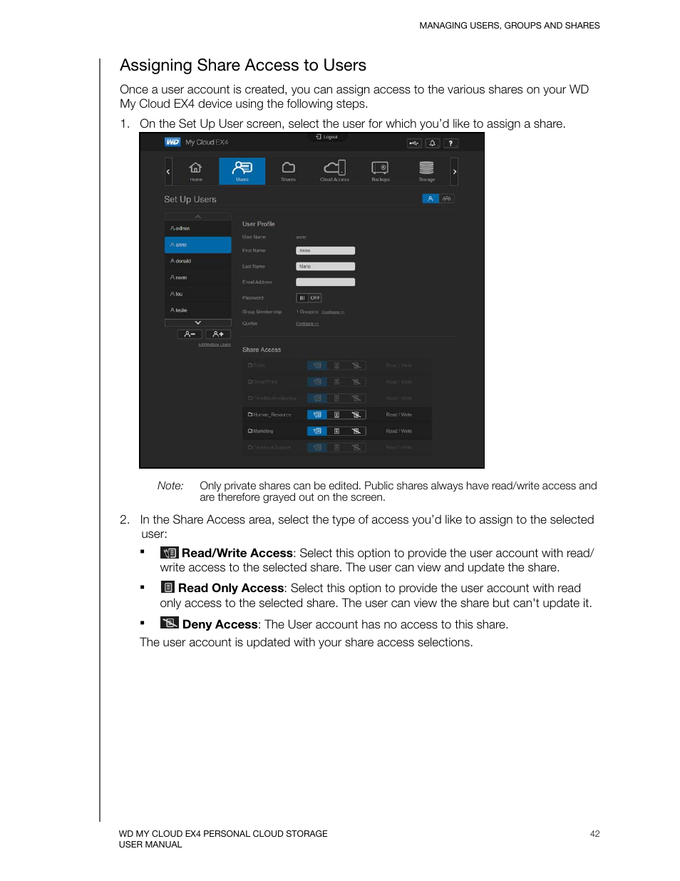 Assigning share access to users | Western Digital My Cloud EX4 User Manual User Manual | Page 47 / 170