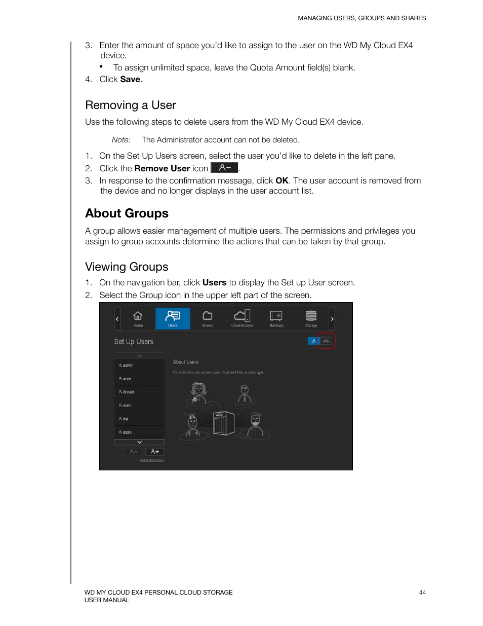 Removing a user, About groups, Viewing groups | Western Digital My Cloud EX4 User Manual User Manual | Page 49 / 170