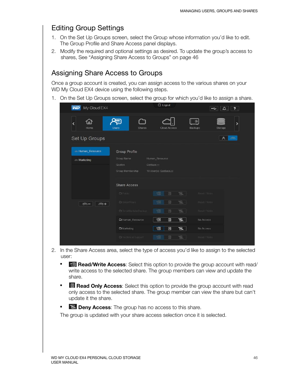 Editing group settings, Assigning share access to groups | Western Digital My Cloud EX4 User Manual User Manual | Page 51 / 170