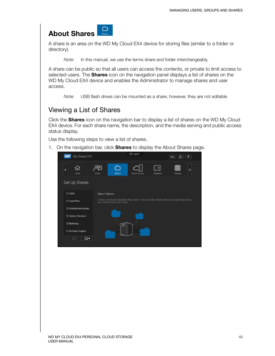 About shares, Viewing a list of shares | Western Digital My Cloud EX4 User Manual User Manual | Page 53 / 170