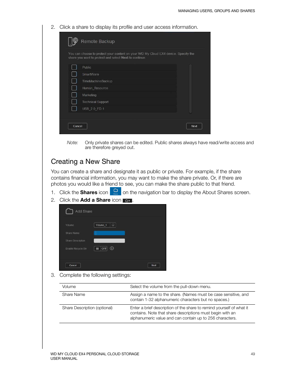 Creating a new share | Western Digital My Cloud EX4 User Manual User Manual | Page 54 / 170