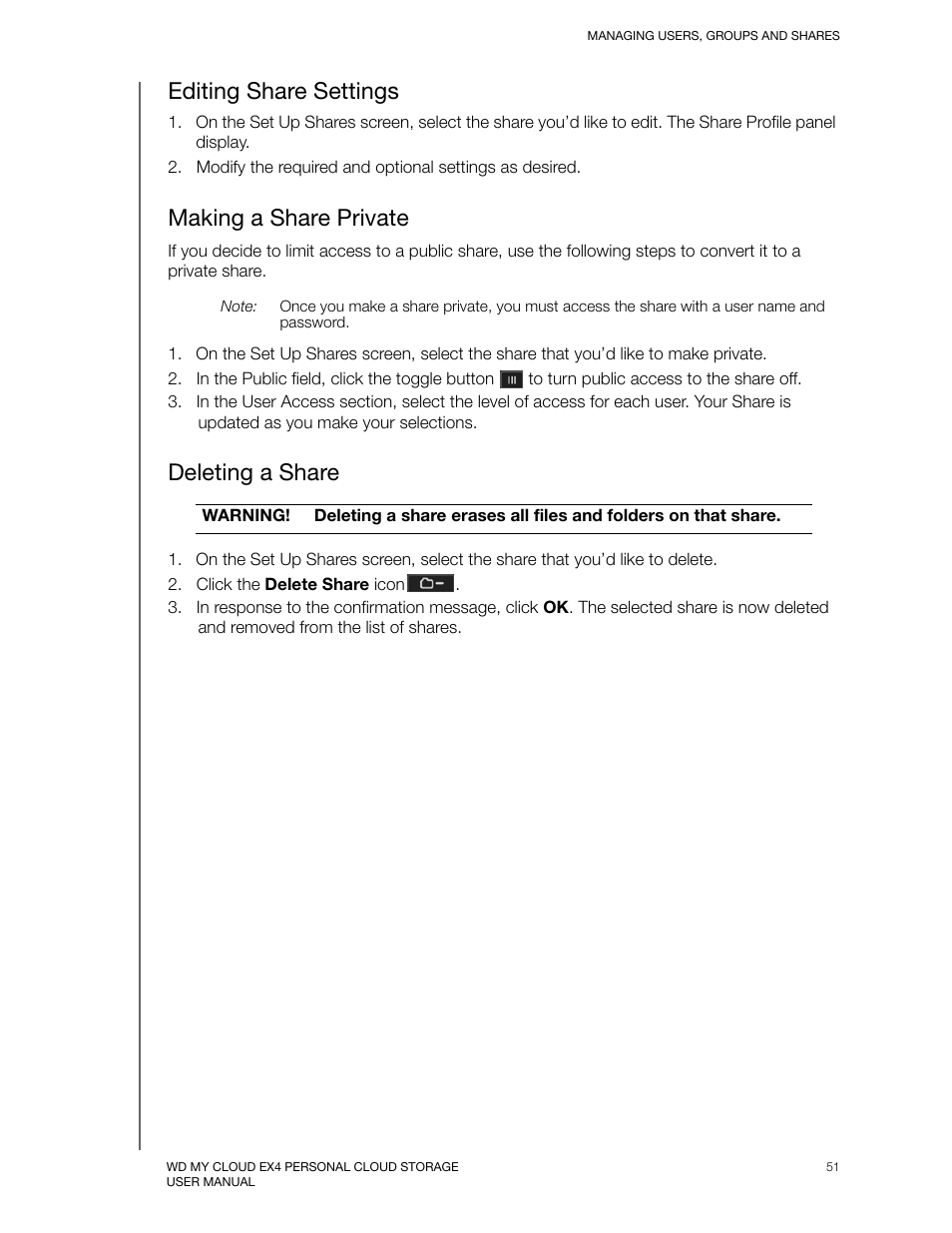 Editing share settings, Making a share private, Deleting a share | Western Digital My Cloud EX4 User Manual User Manual | Page 56 / 170