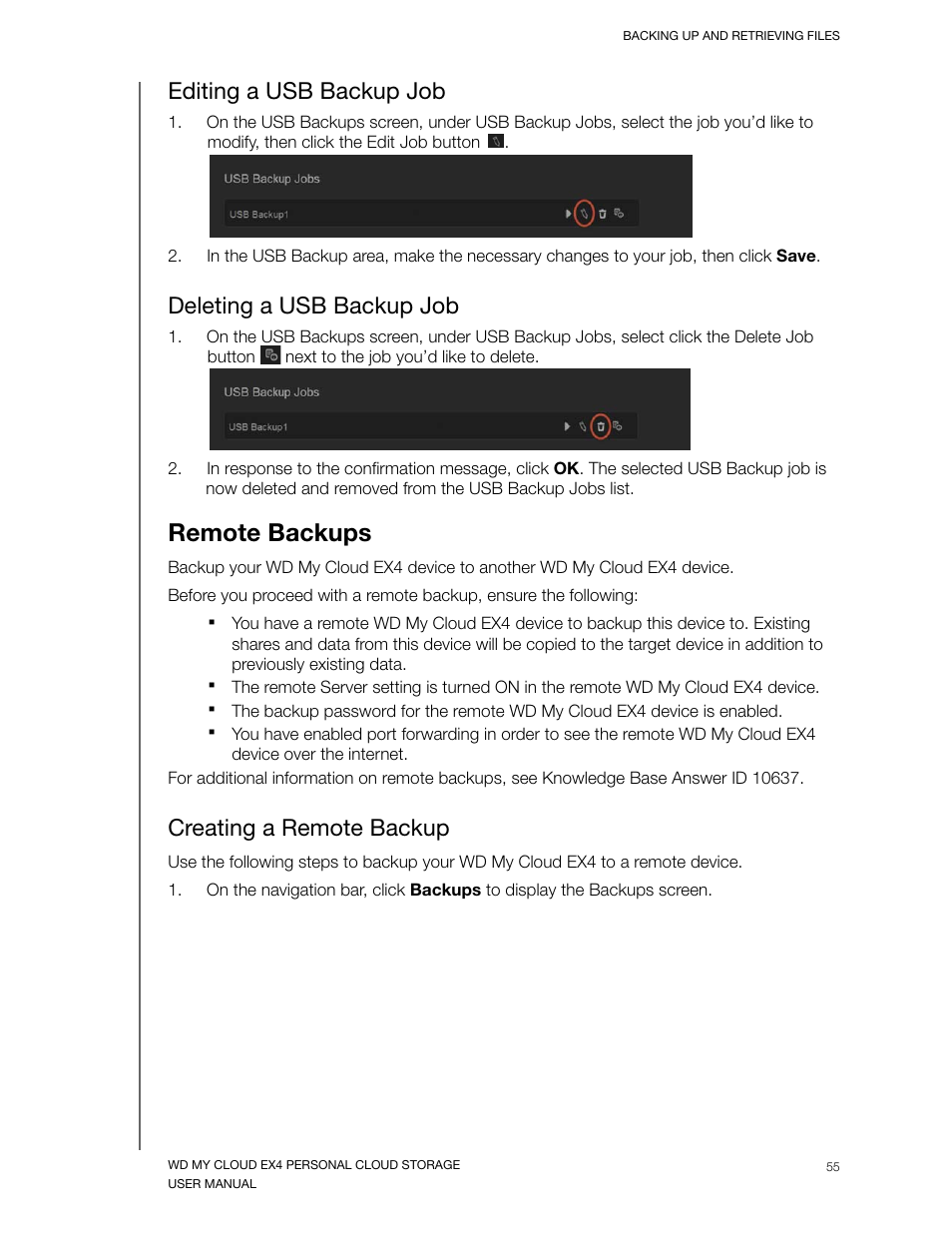Editing a usb backup job, Deleting a usb backup job, Remote backups | Creating a remote backup | Western Digital My Cloud EX4 User Manual User Manual | Page 60 / 170